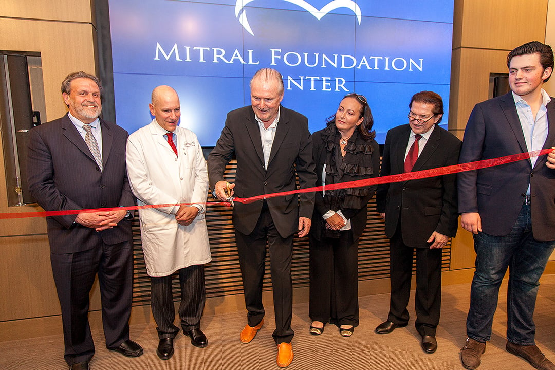 Opening reception of the Mitral Foundation Center. From left to right - Dr. Dennis Charney (Dean of the Icahn School of Medicine at Mount Sinai), Dr. David H. Adams, Jürgen R.A. Friedrich, Anke Friedrich, Dr. Hermann F. Sailer and Max Friedrich.
