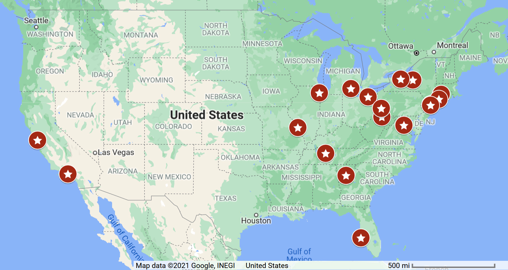 Map of Recognized Mitral Valve Repair Reference Centers listed below