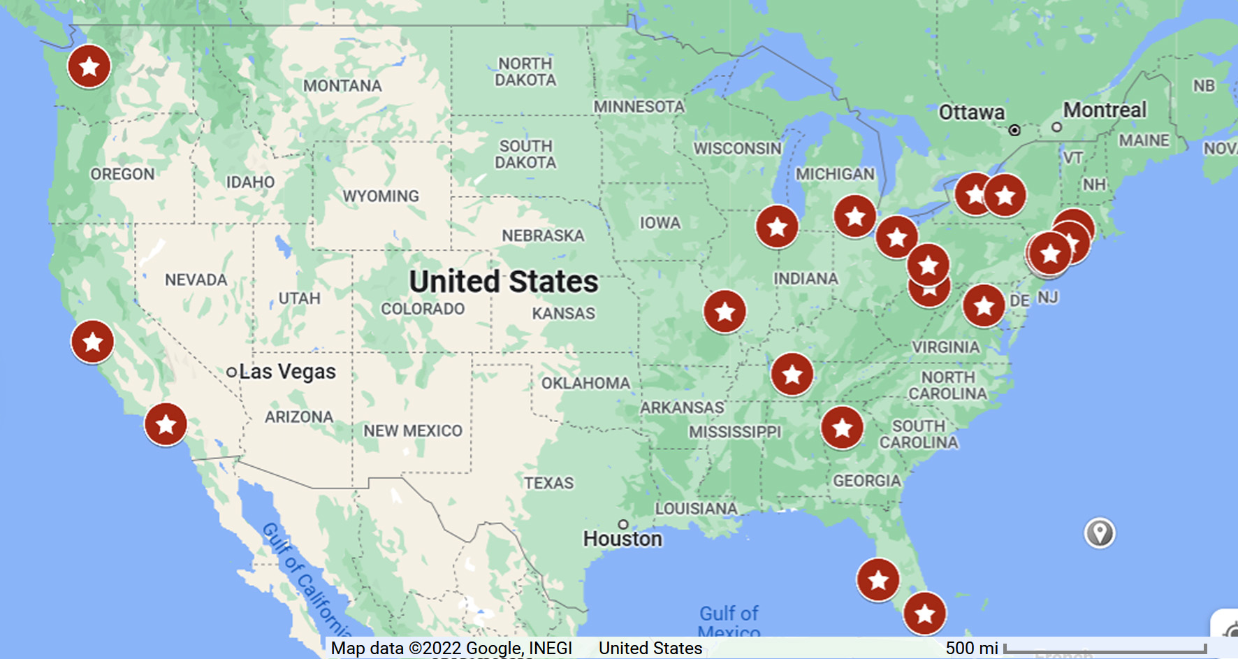 Map of Recognized Mitral Valve Repair Reference Centers listed below