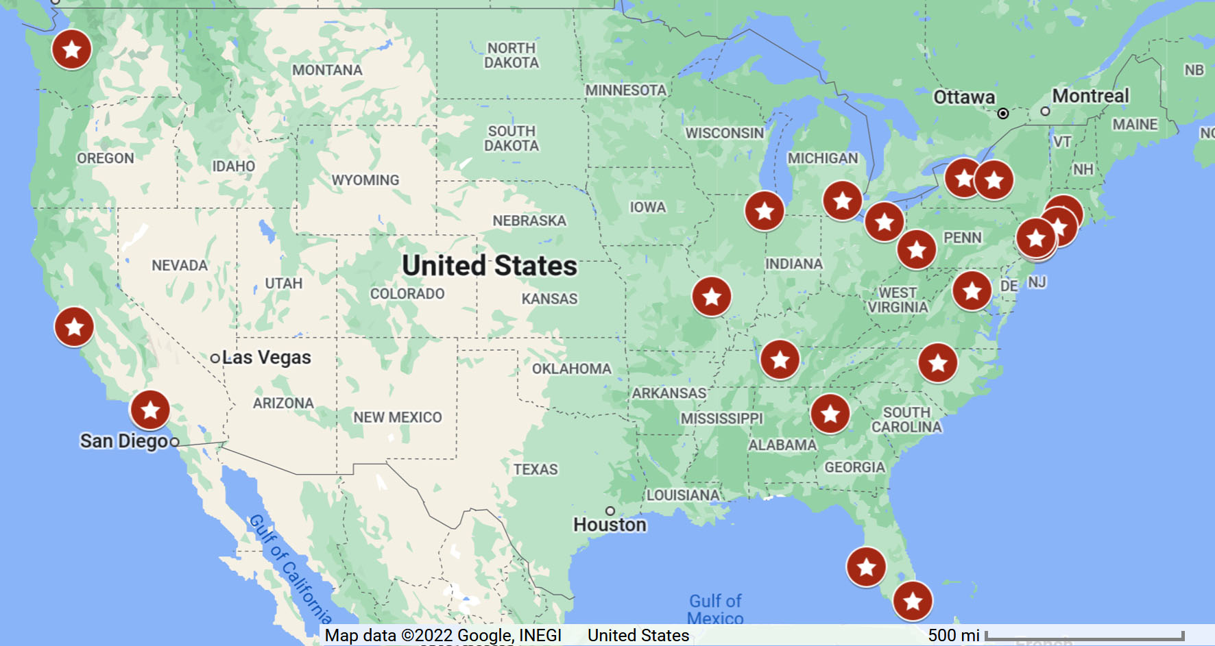 Map of Recognized Mitral Valve Repair Reference Centers listed below