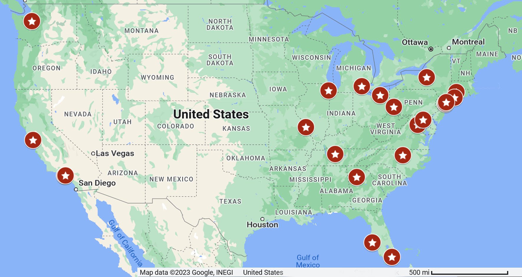 Map of Recognized Mitral Valve Repair Reference Centers listed below