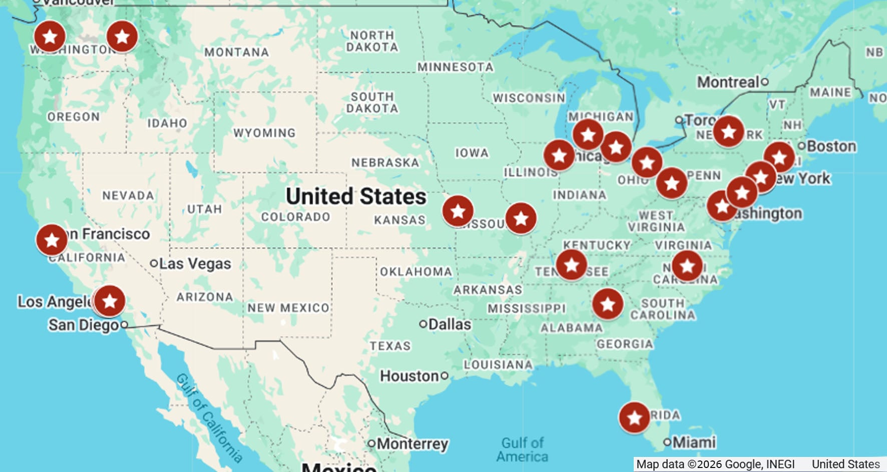 Map of Recognized Mitral Valve Repair Reference Centers listed below